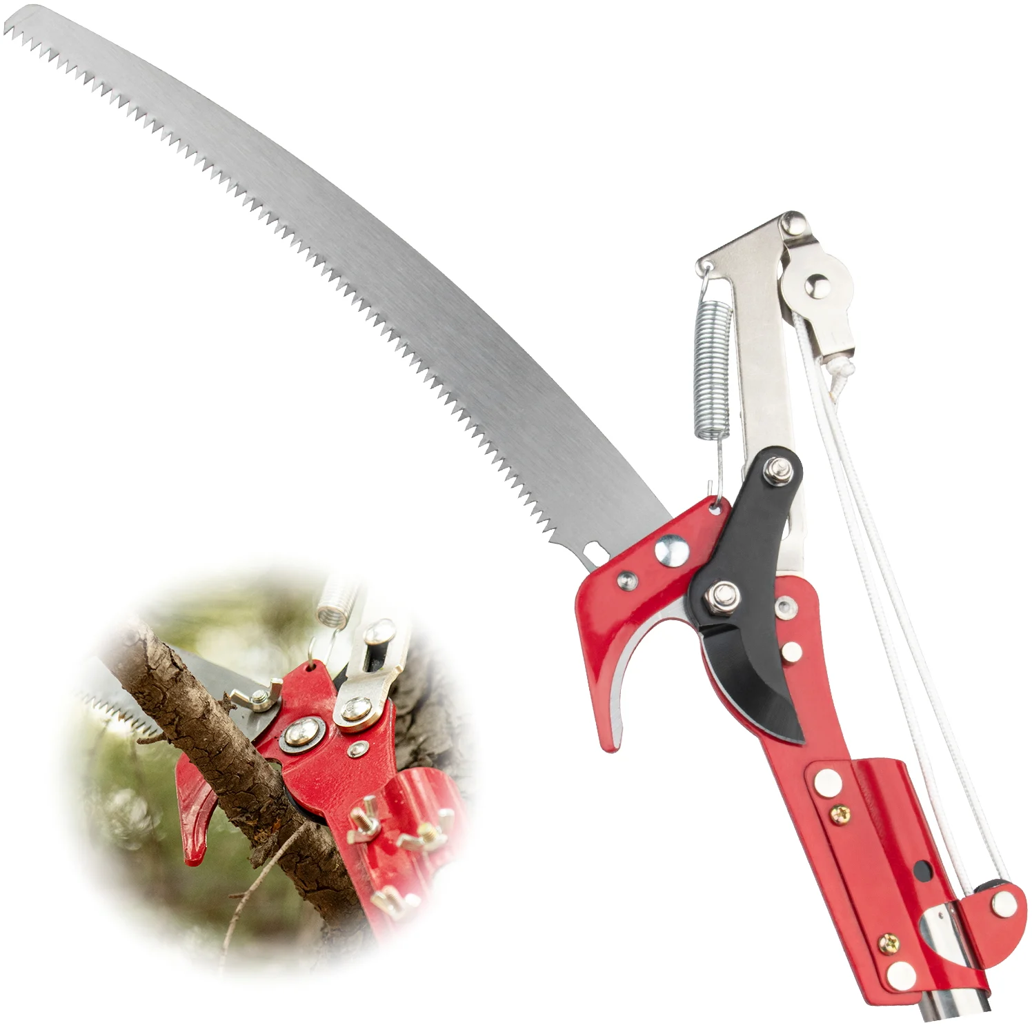 high altitude pole pruner with saw blade and pulley