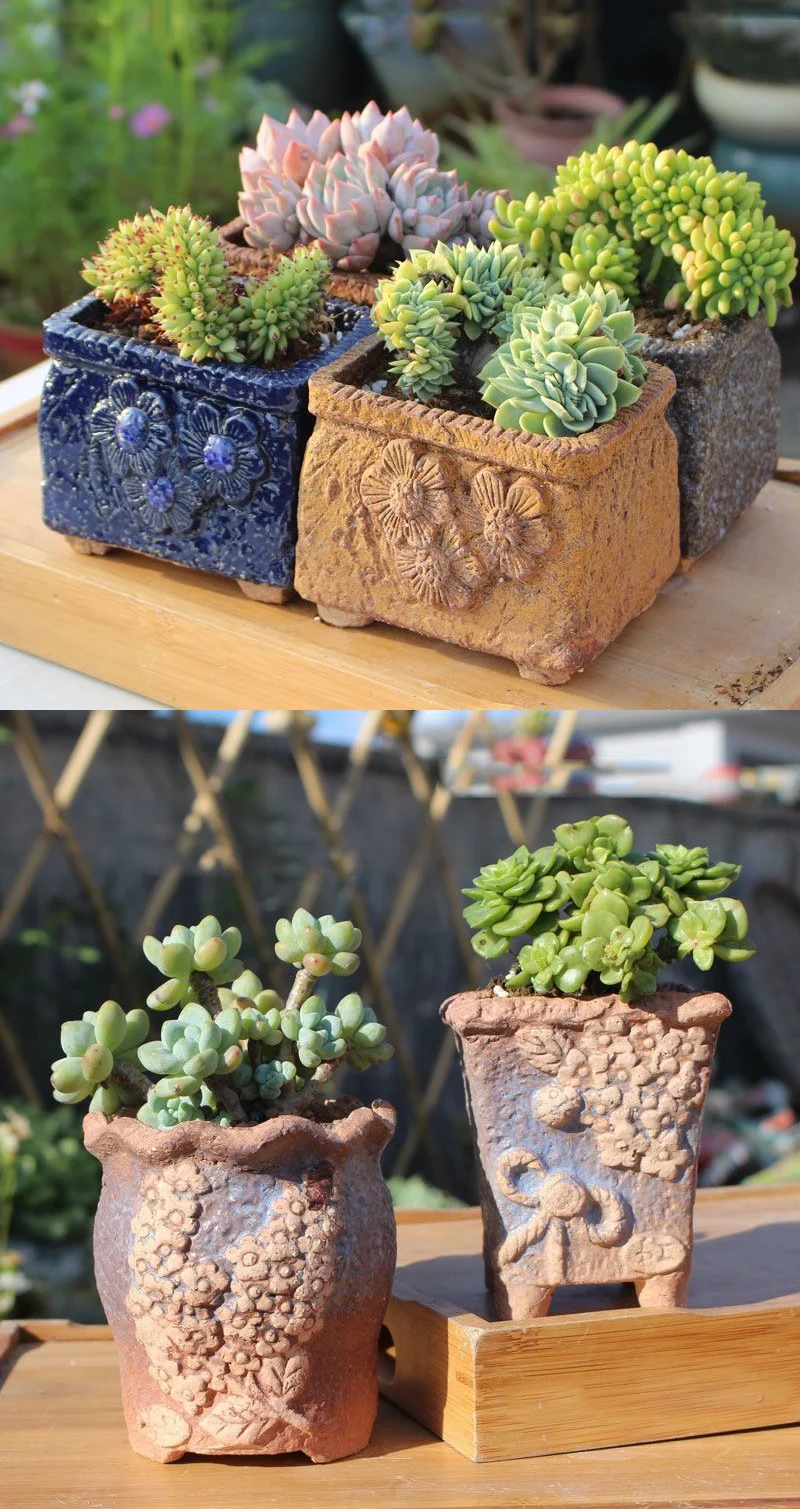 rustic embossed ceramic succulent planter with feet