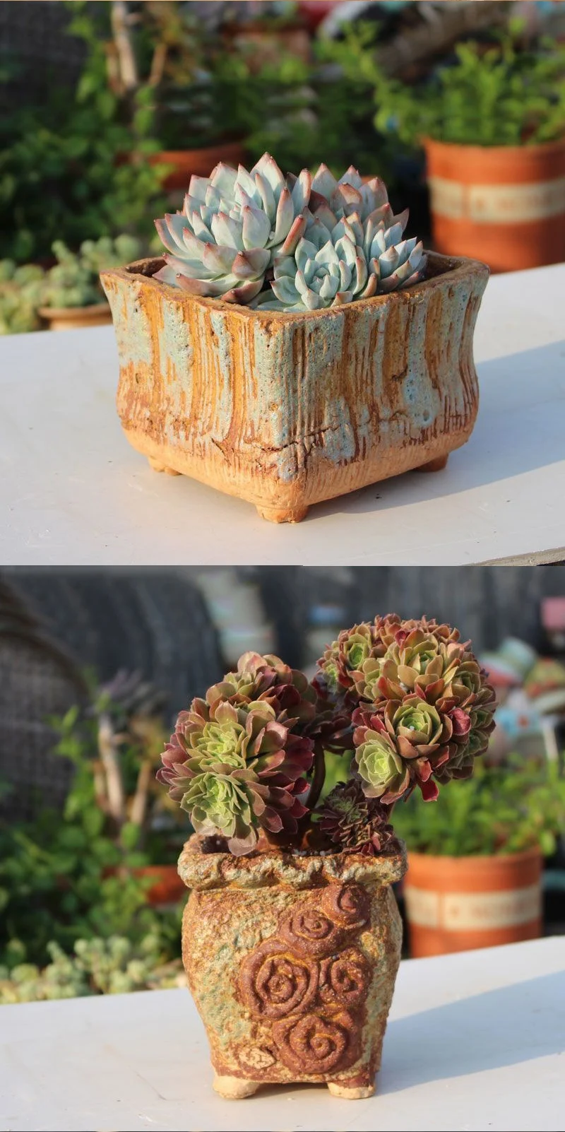 rustic embossed ceramic succulent planter with feet