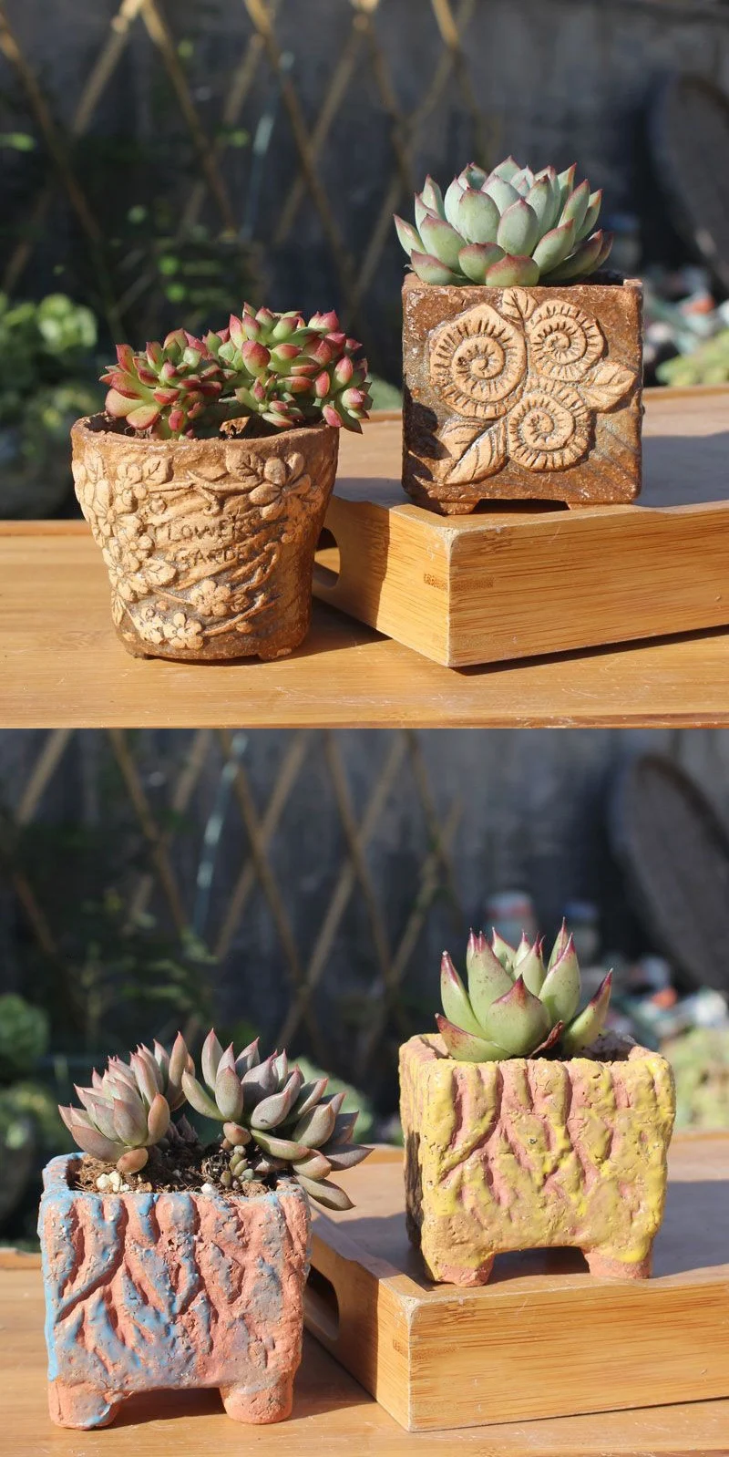 rustic embossed ceramic succulent planter with feet