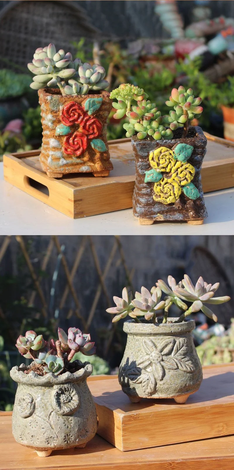 rustic embossed ceramic succulent planter with feet