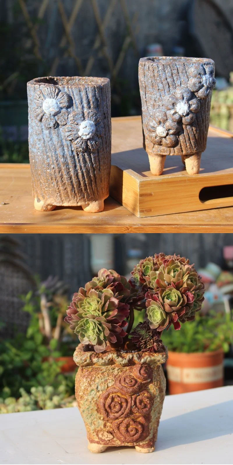 rustic embossed ceramic succulent planter with feet