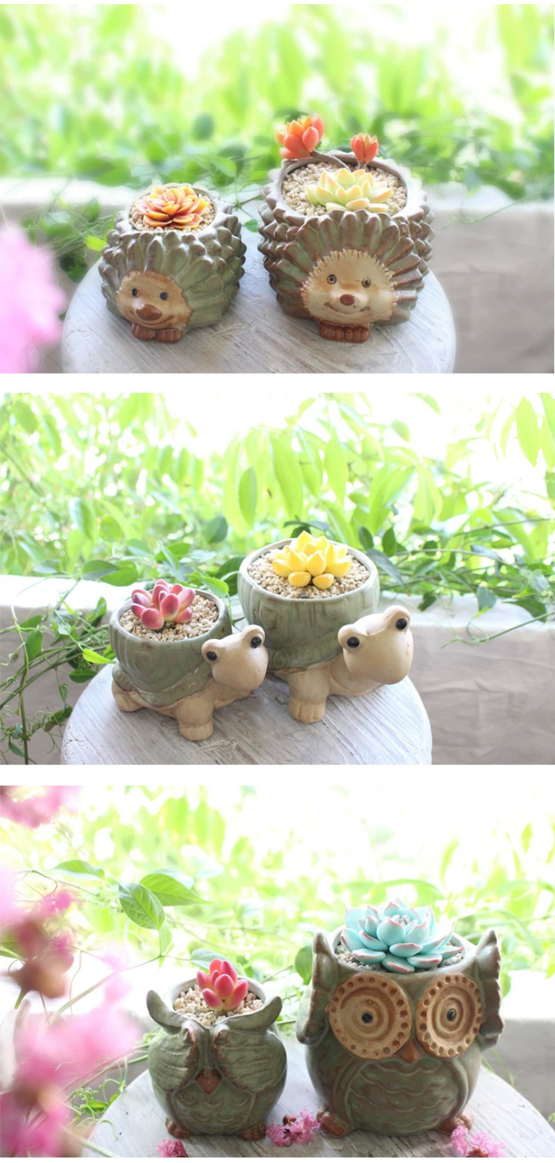 cute animal ceramic succulent planters: vintage owl & turtle pots