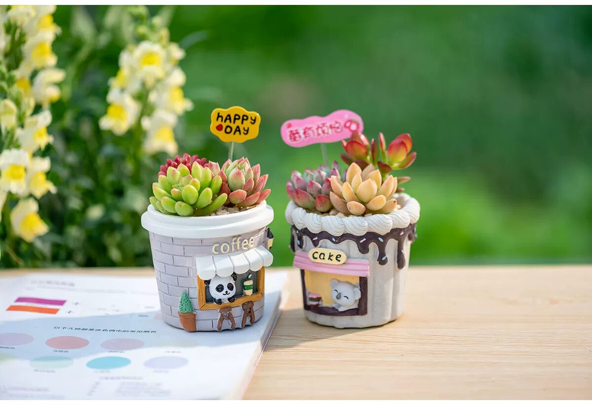 adorable cartoon succulent planters: creative coffee cup desktop decor