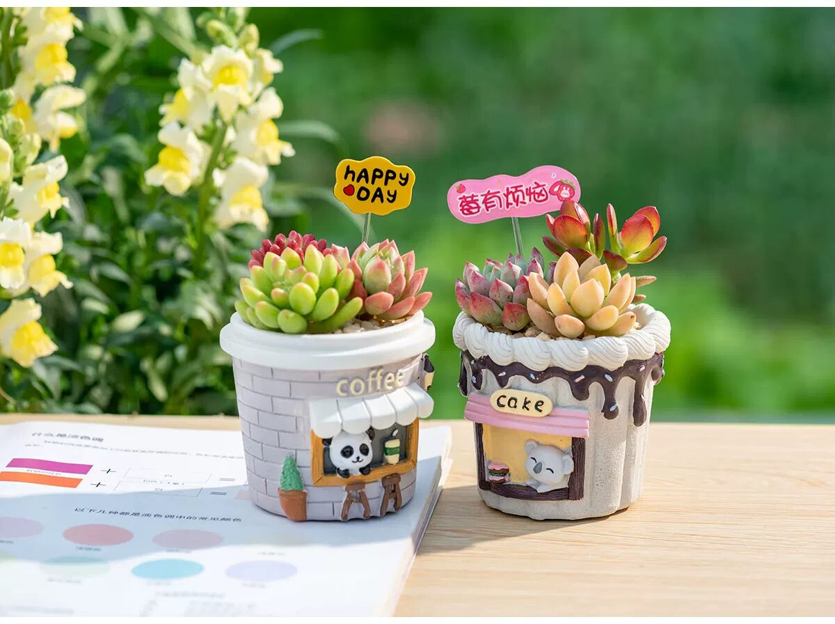 adorable cartoon succulent planters: creative coffee cup desktop decor