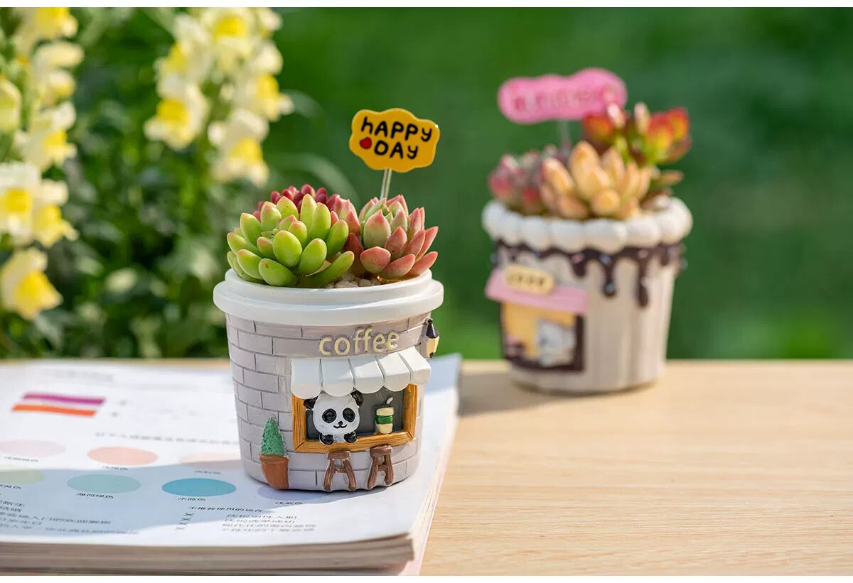 adorable cartoon succulent planters: creative coffee cup desktop decor