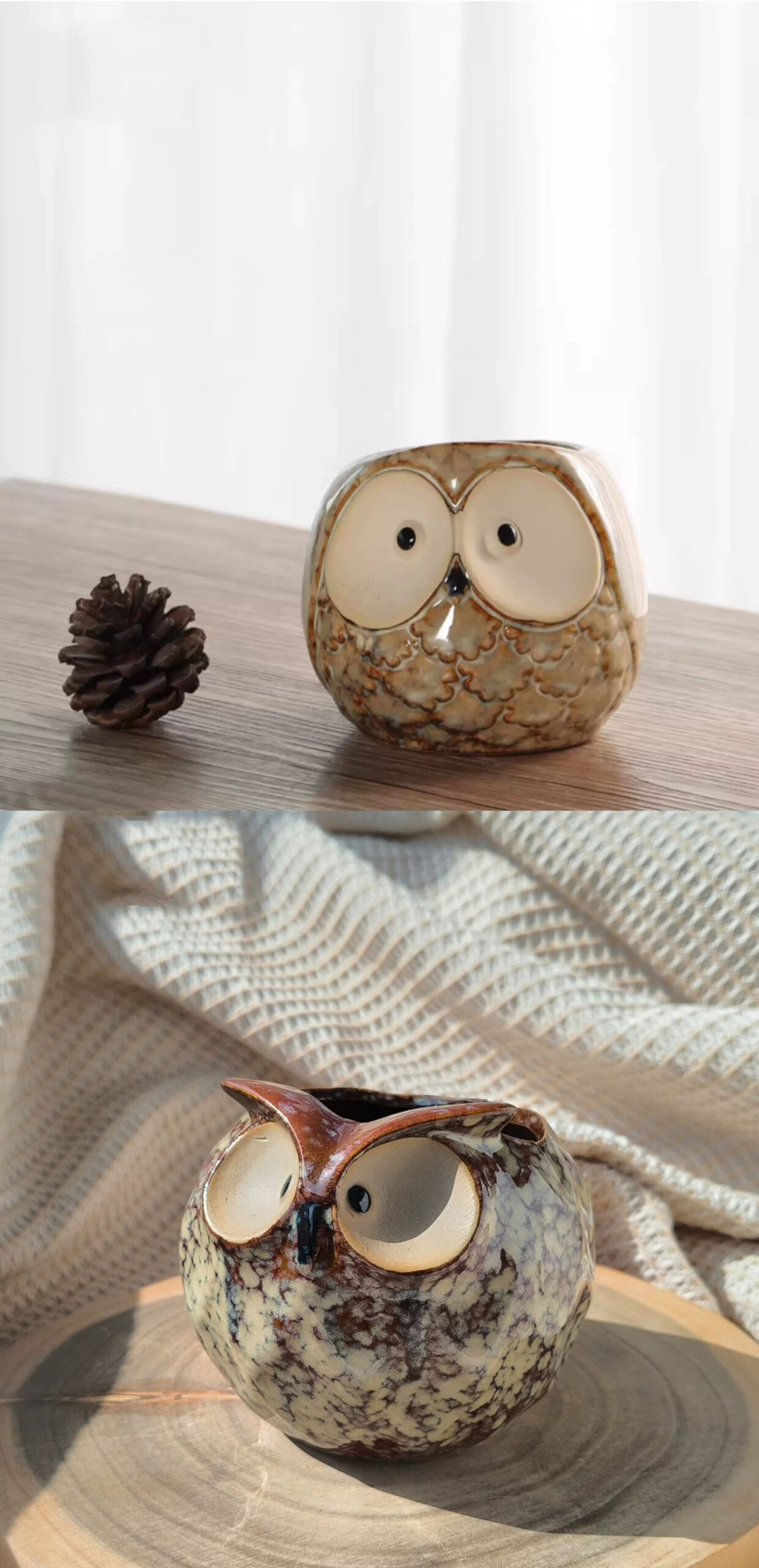 cute ceramic owl succulent planters with vintage kiln fired glaze