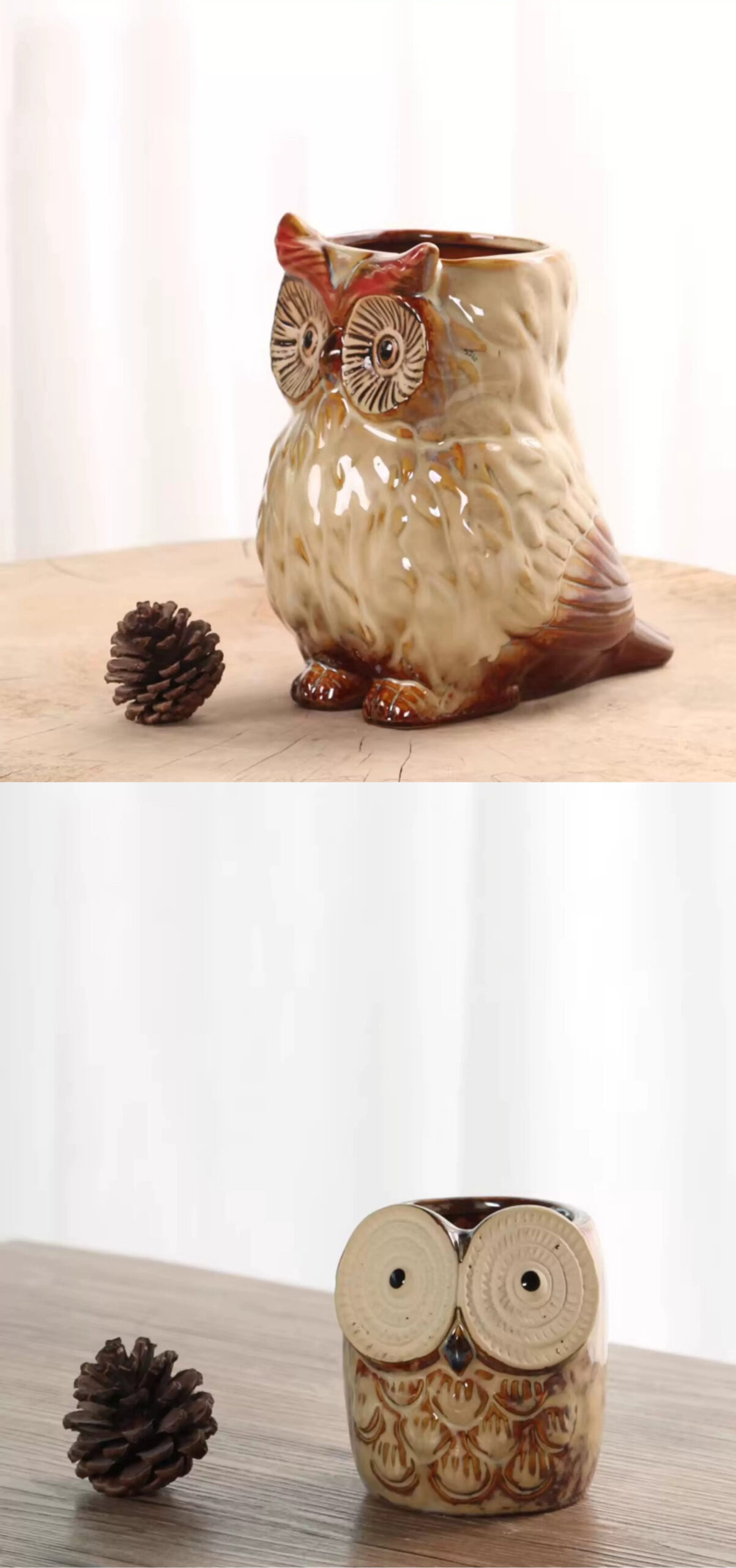cute ceramic owl succulent planters with vintage kiln fired glaze