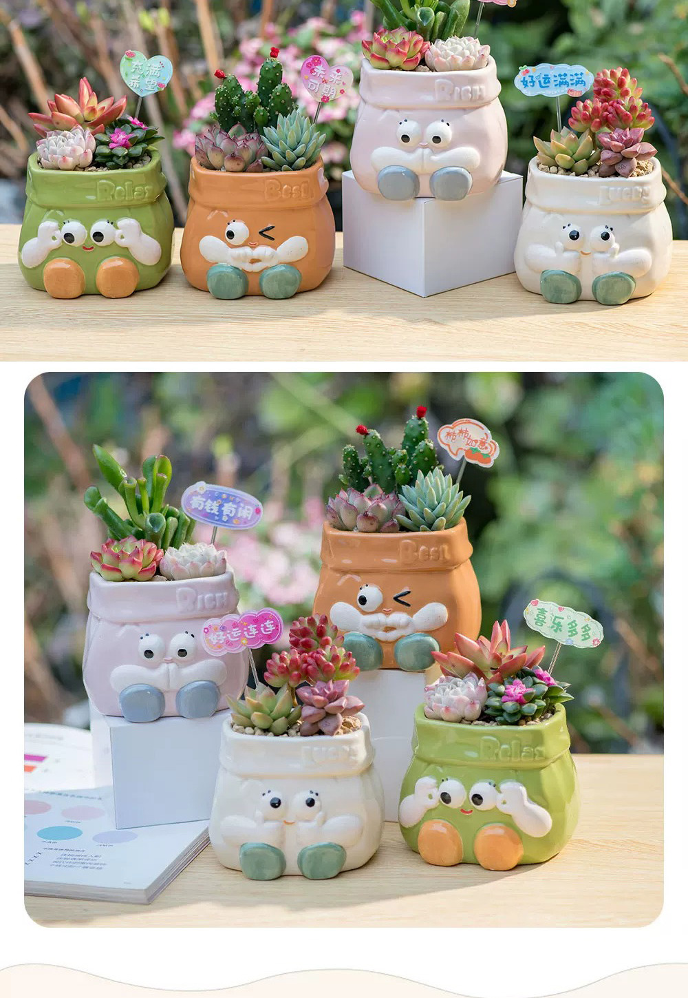 cute cartoon ceramic succulent planters: big eyed decorative pots & pen holders