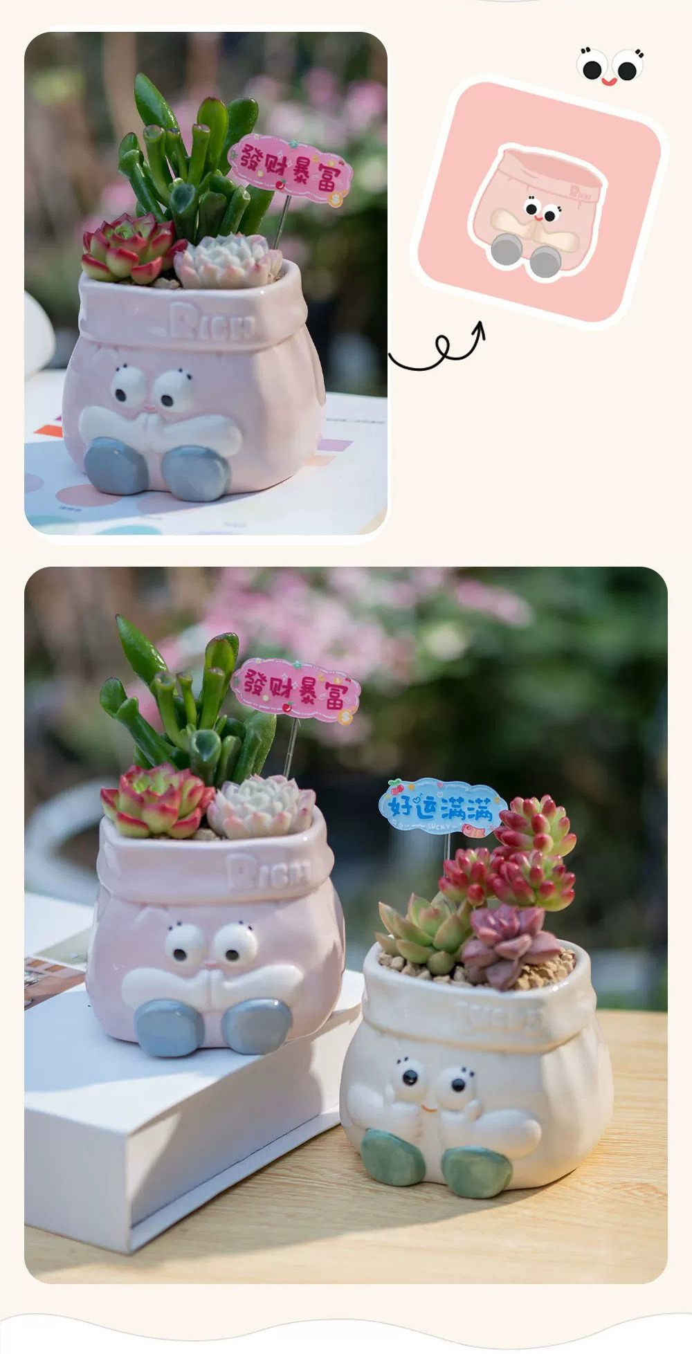 cute cartoon ceramic succulent planters: big eyed decorative pots & pen holders
