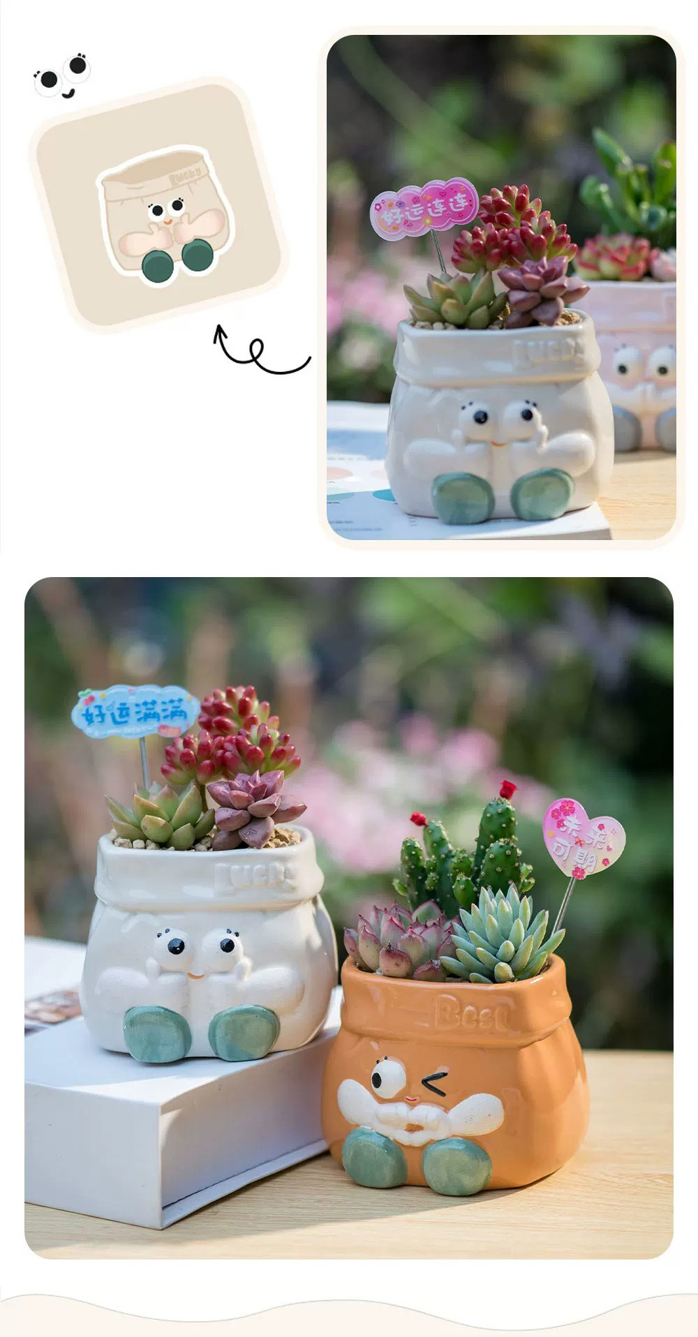 cute cartoon ceramic succulent planters: big eyed decorative pots & pen holders