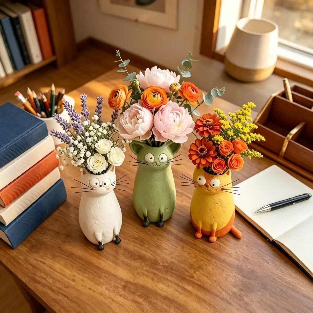 adorable resin cat flower vases for whimsical home desktop decor