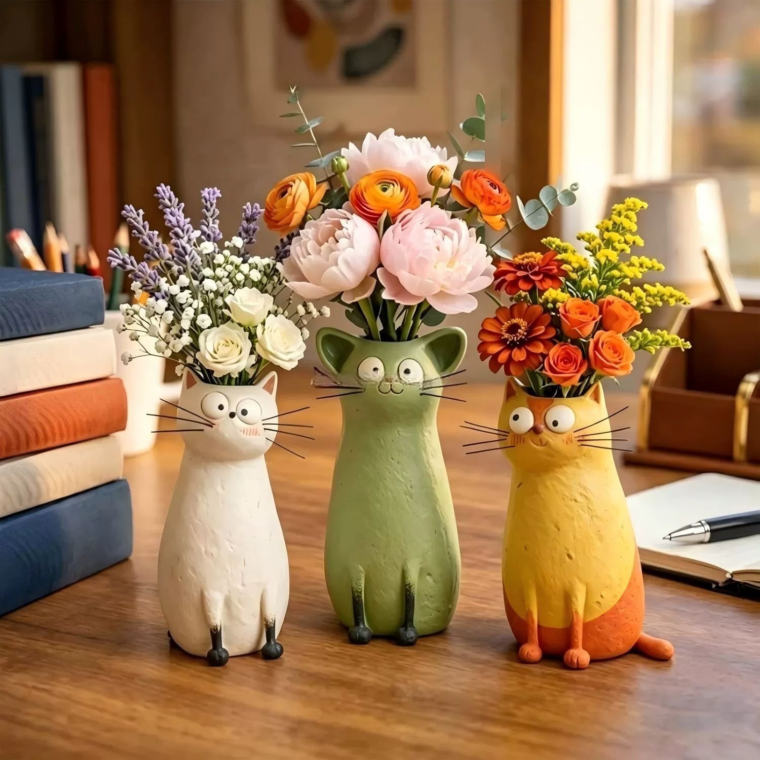 adorable resin cat flower vases for whimsical home desktop decor