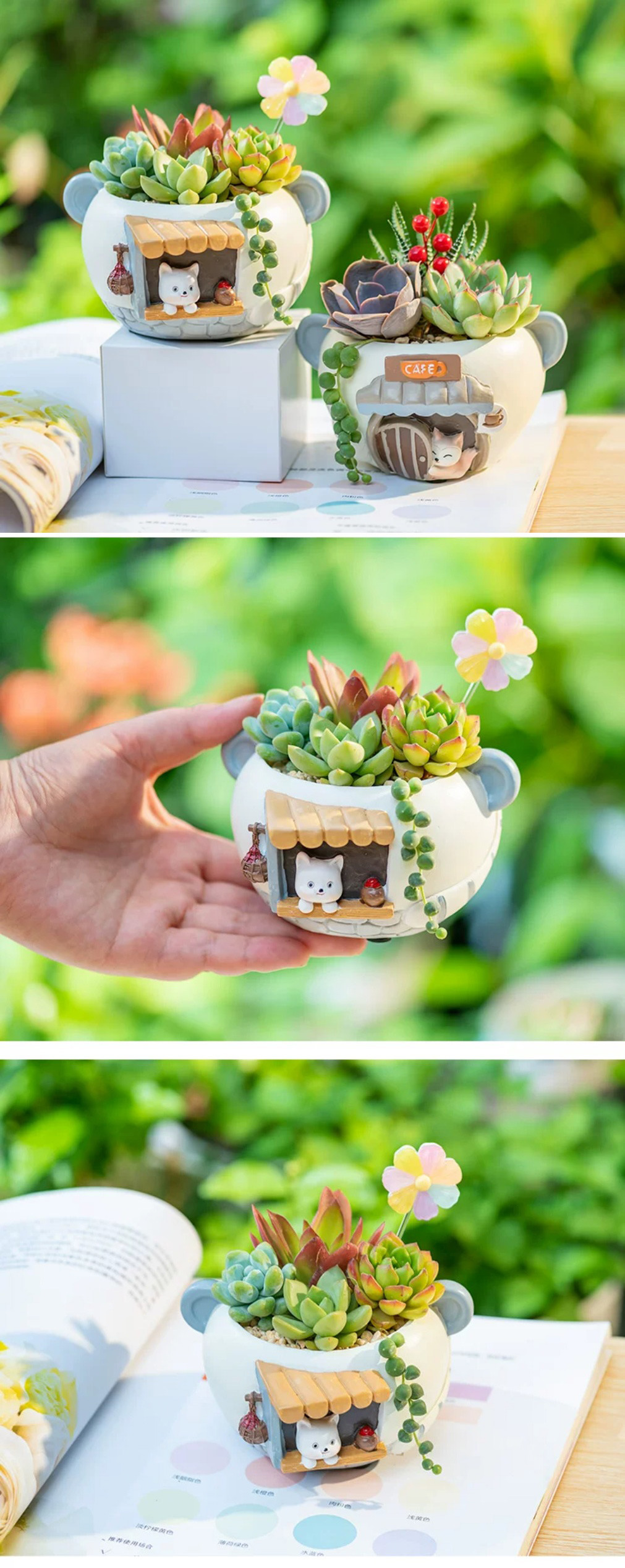 charming cartoon cat succulent planters: adorable mini desktop & balcony decor