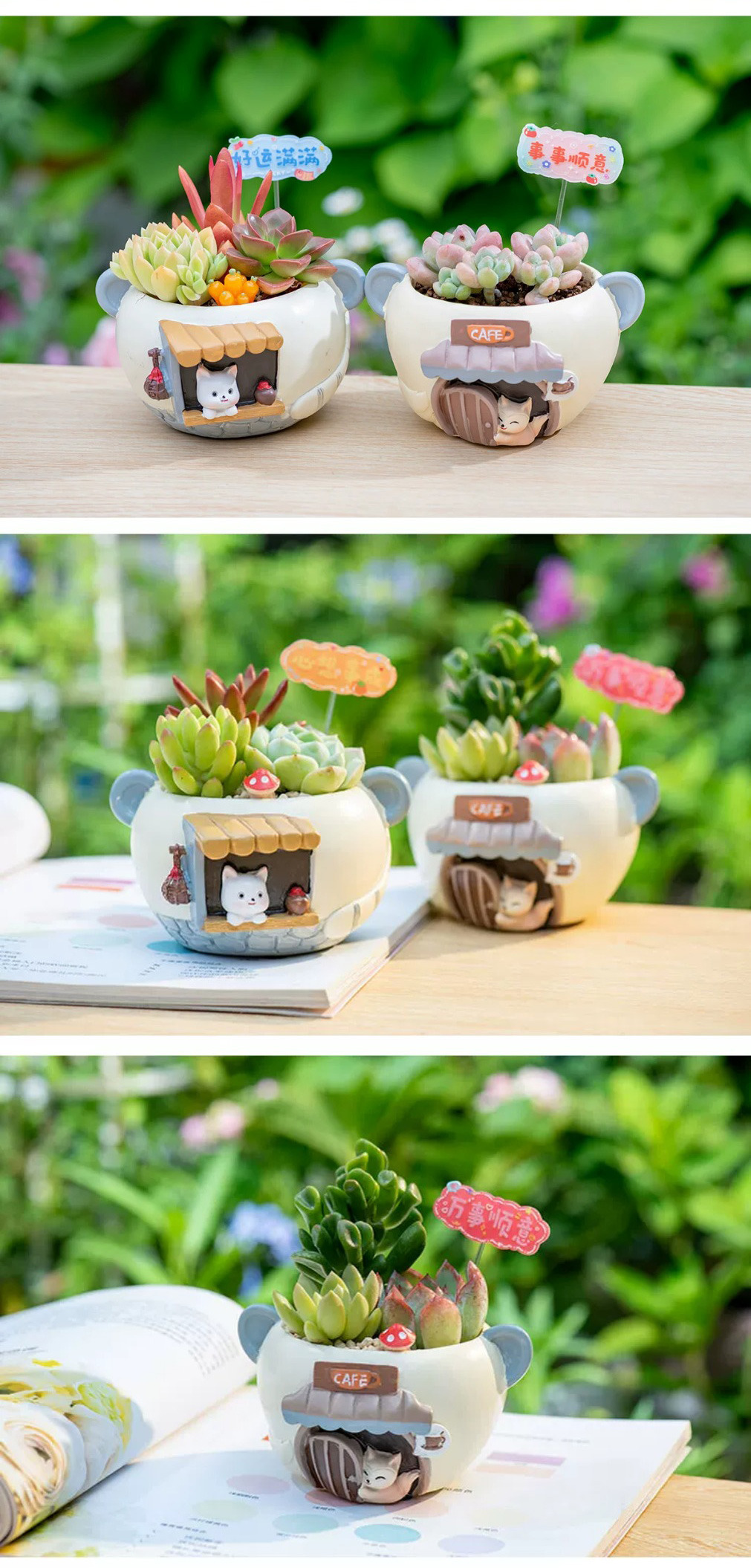 charming cartoon cat succulent planters: adorable mini desktop & balcony decor