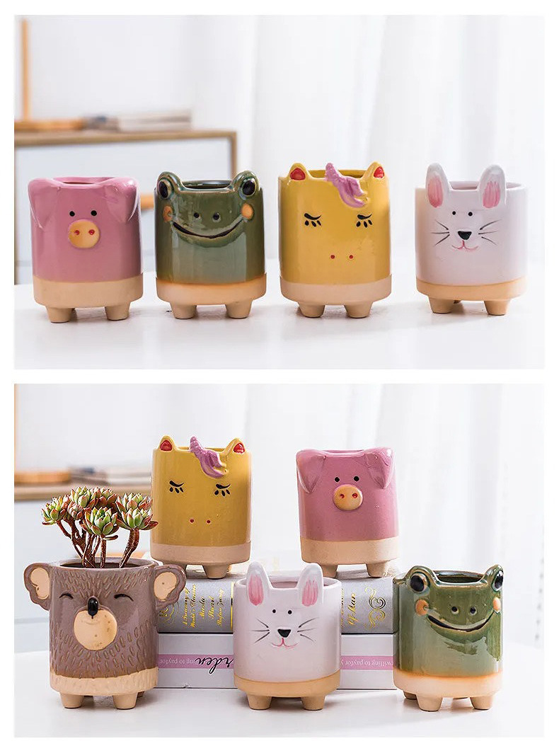 cute ceramic cartoon animal succulent planters | decorative mini plant pots set