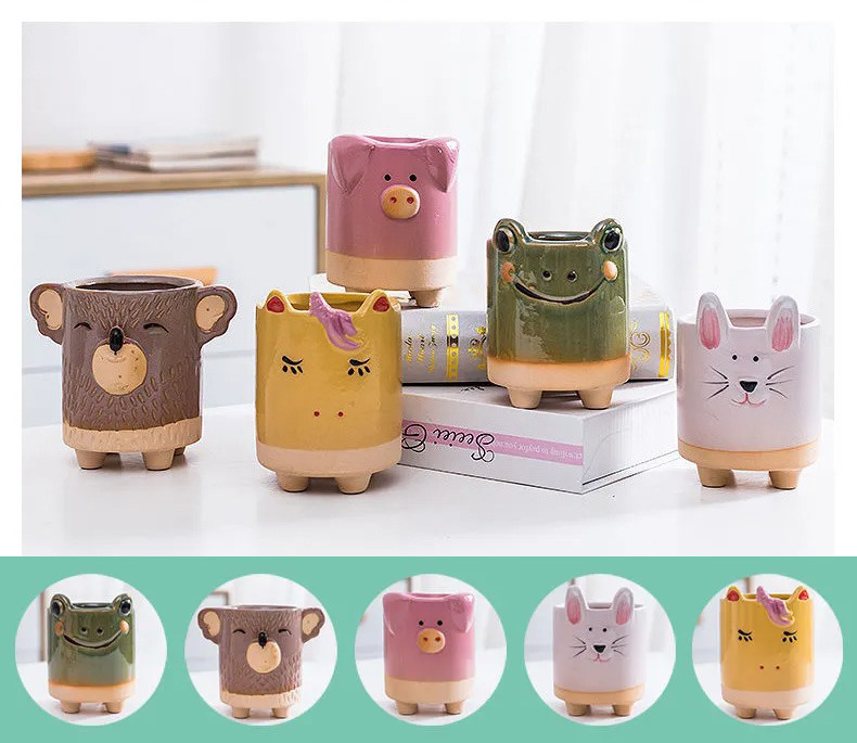 cute ceramic cartoon animal succulent planters | decorative mini plant pots set