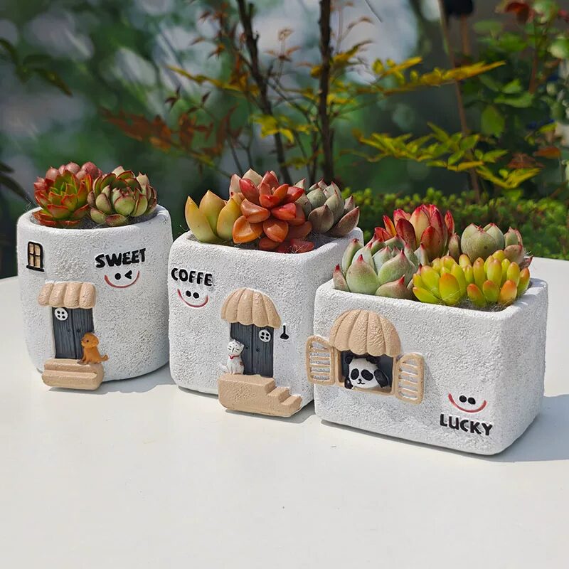 cute creative smile face house succulent planters for desktop decor