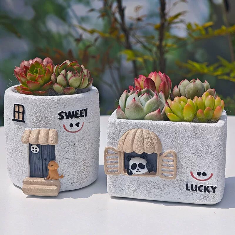cute creative smile face house succulent planters for desktop decor