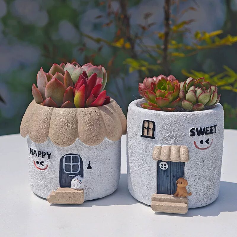 cute creative smile face house succulent planters for desktop decor