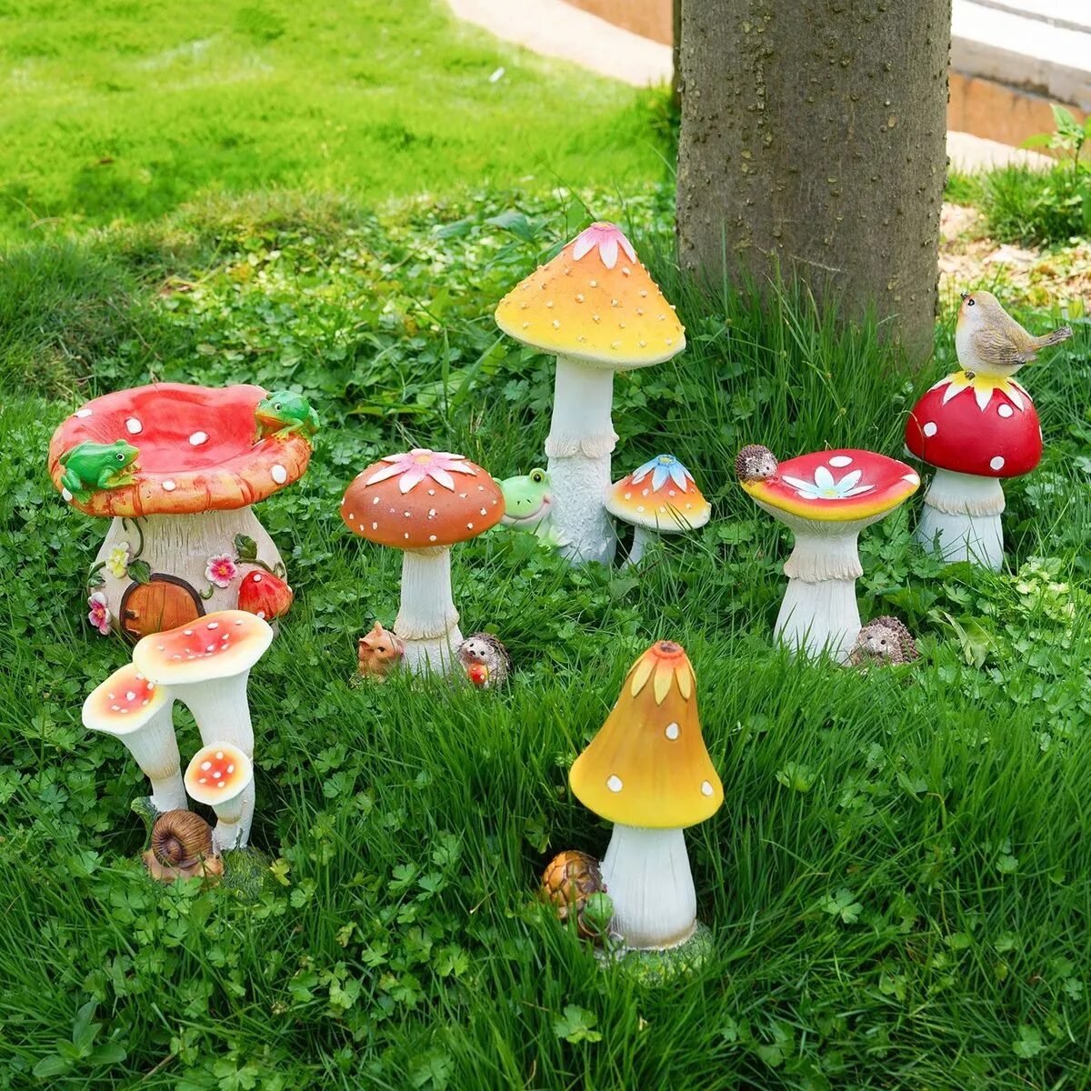 cute outdoor mushroom garden statues & whimsical fairy lawn decor