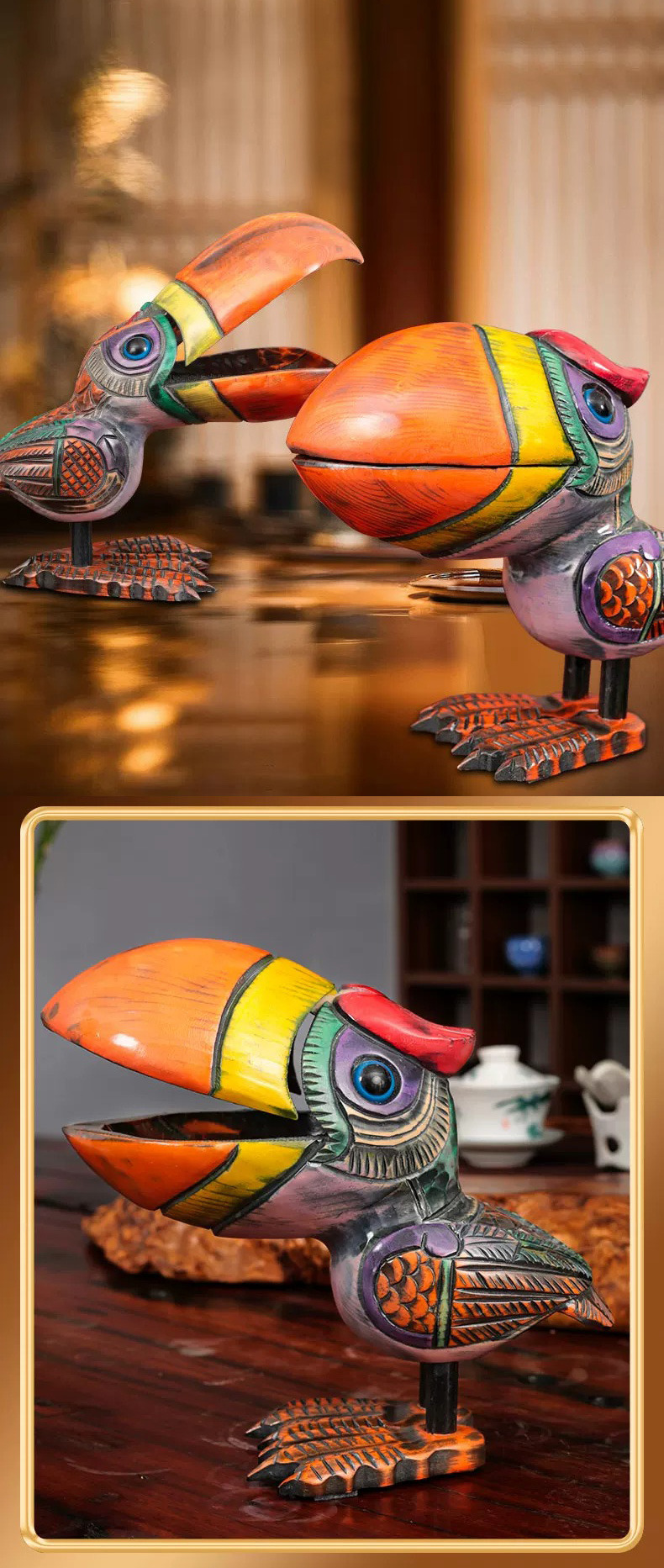 hand carved peach wood toucan bird storage lucky home decor
