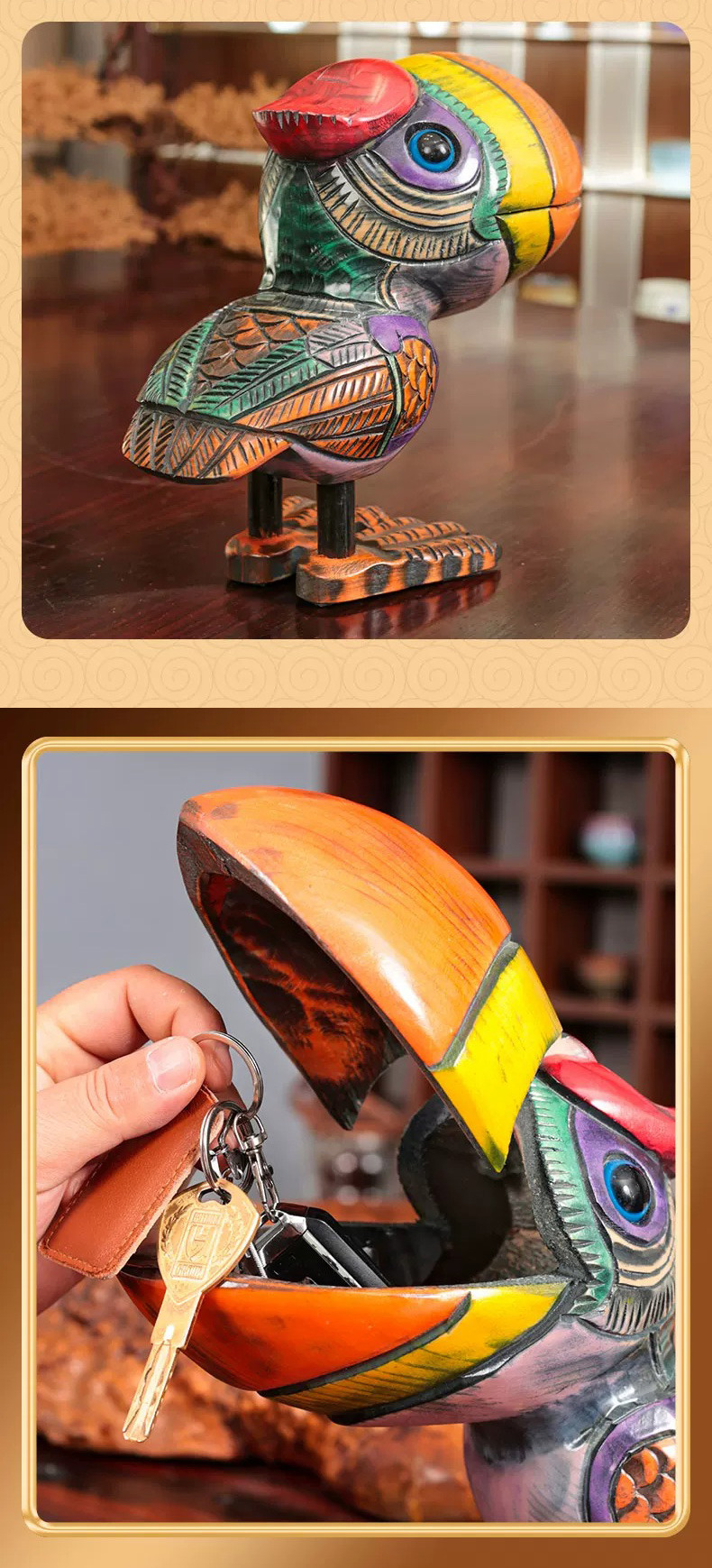 hand carved peach wood toucan bird storage lucky home decor
