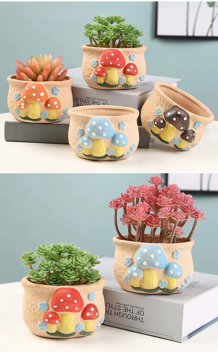 cute hand painted mushroom ceramic succulent pot with drainage