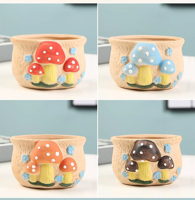 cute hand painted mushroom ceramic succulent pot with drainage
