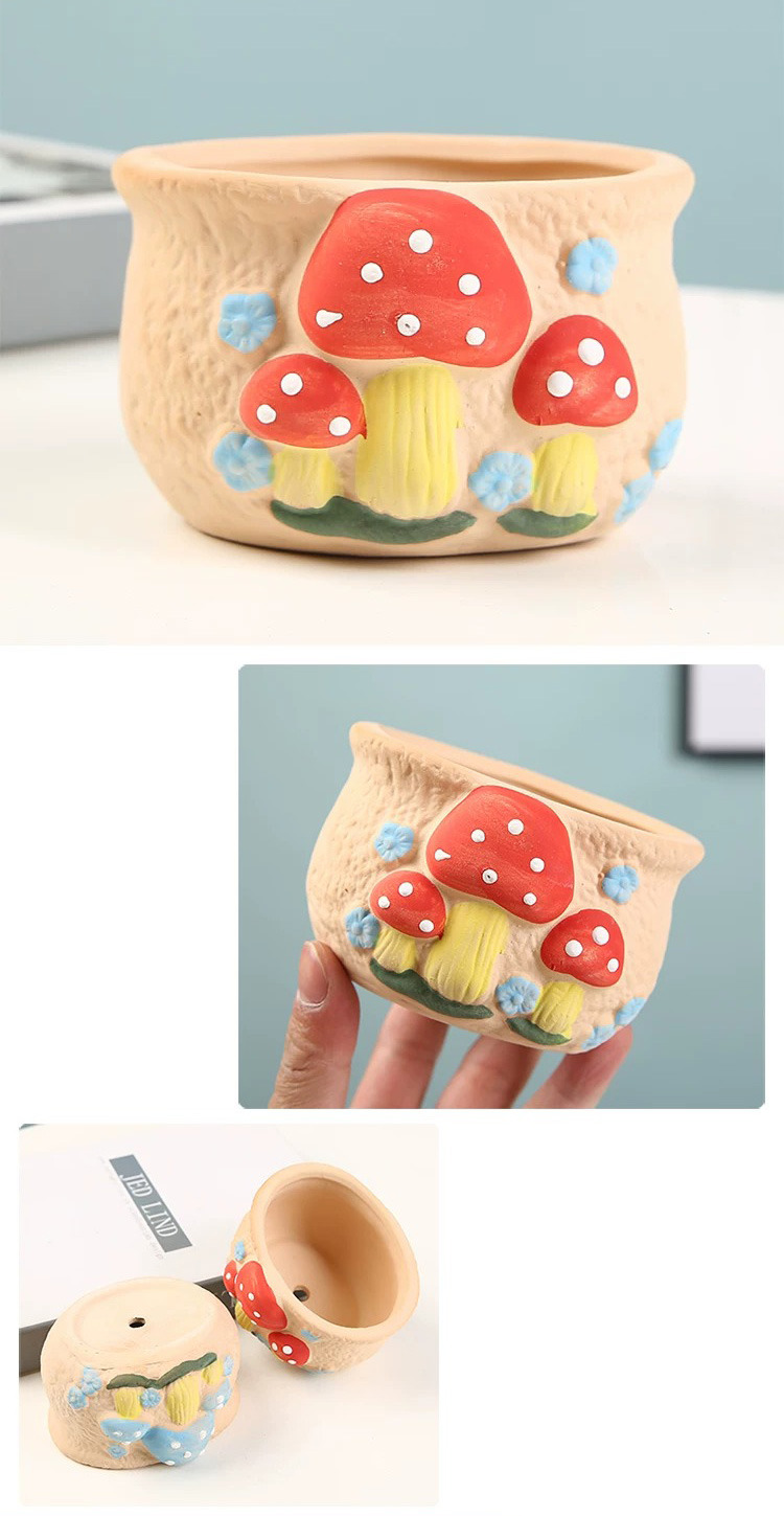 cute hand painted mushroom ceramic succulent pot with drainage