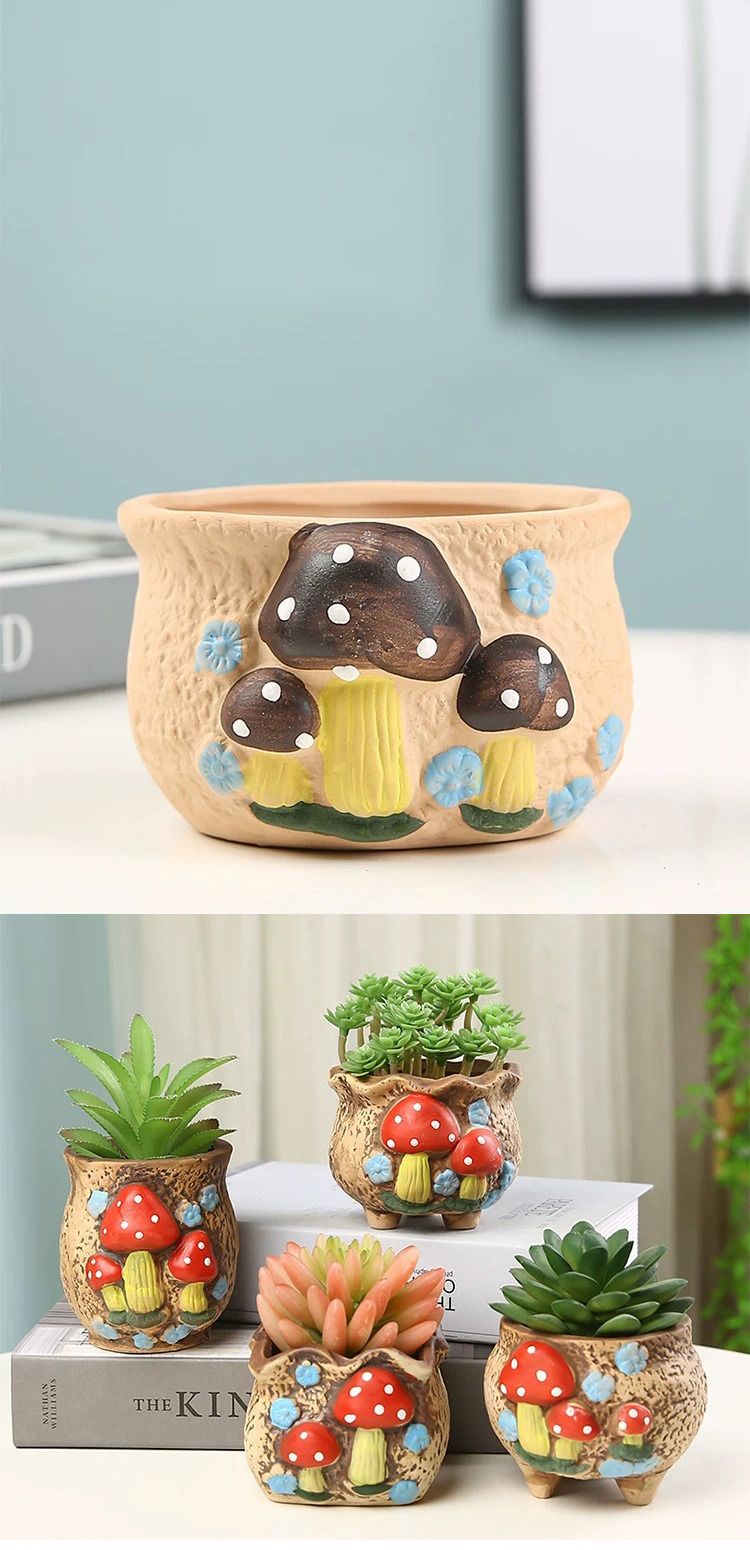 cute hand painted mushroom ceramic succulent pot with drainage