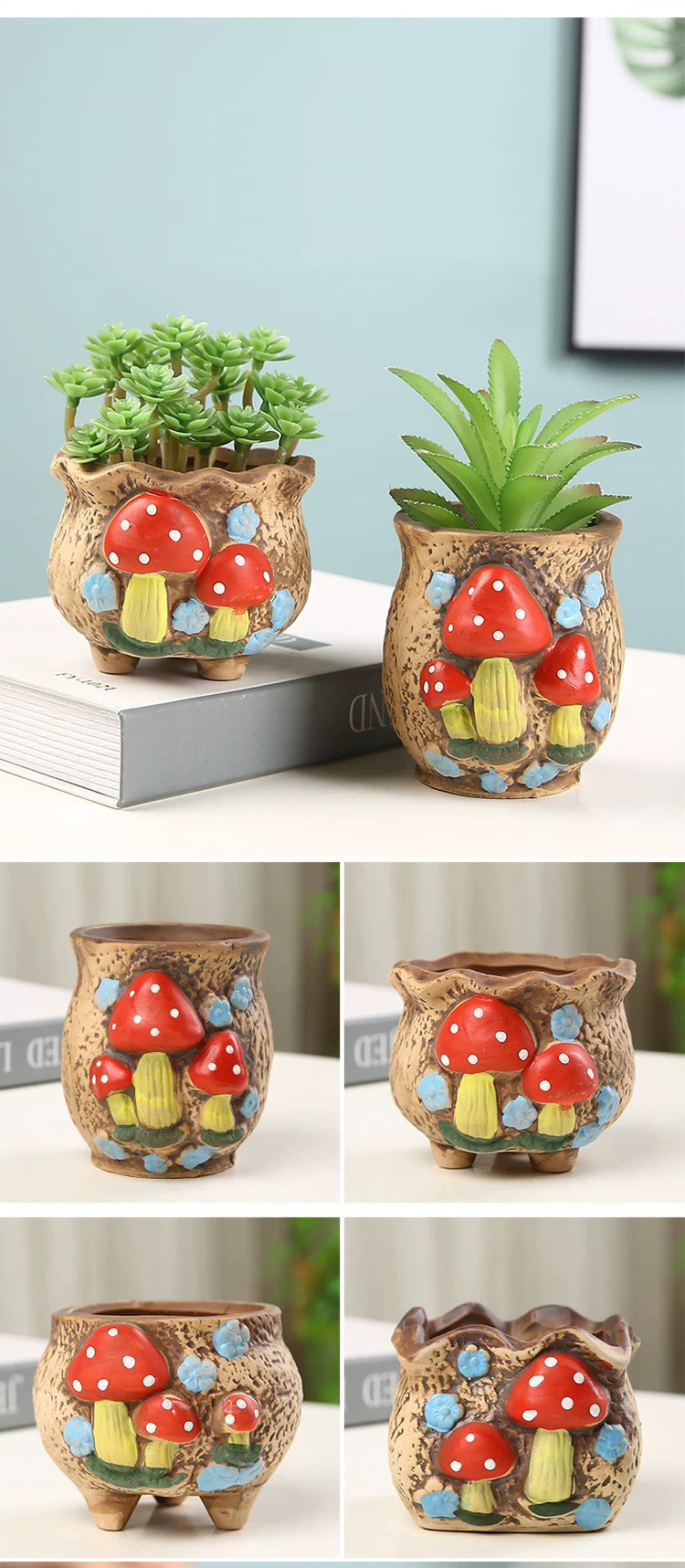 cute hand painted mushroom ceramic succulent pot with drainage