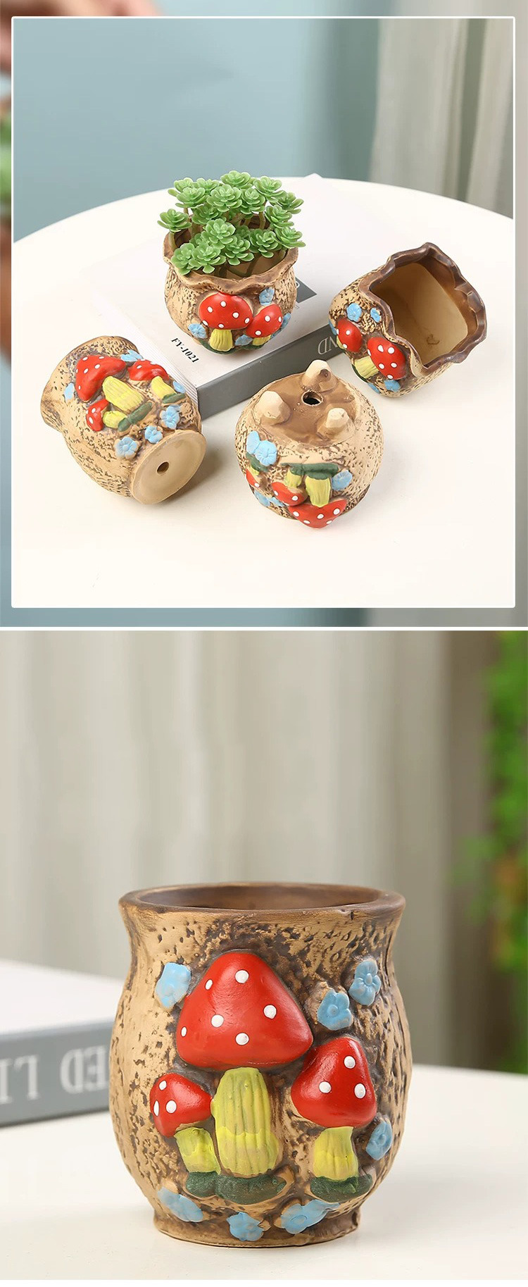 cute hand painted mushroom ceramic succulent pot with drainage