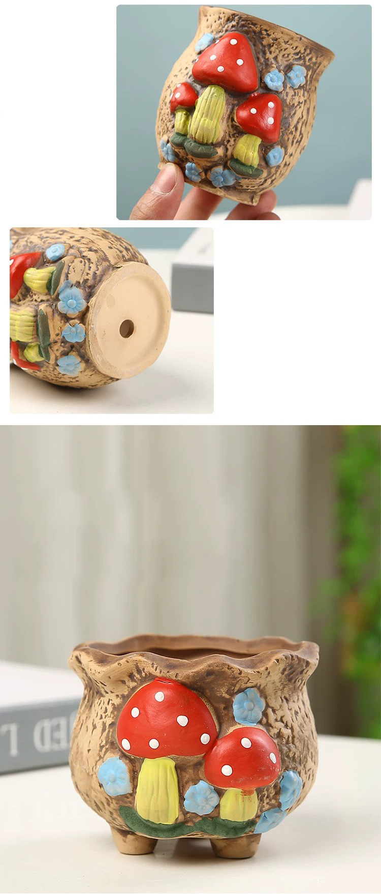 cute hand painted mushroom ceramic succulent pot with drainage