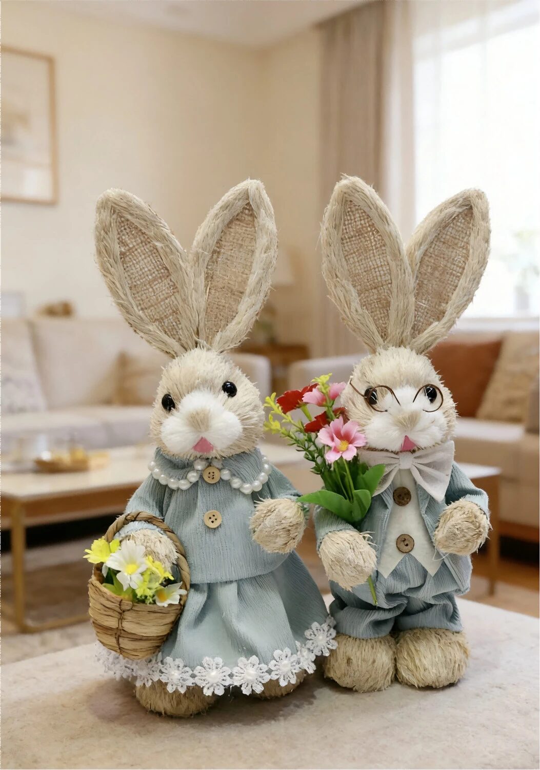 charming handwoven straw rabbit couple figurines for home & garden decor