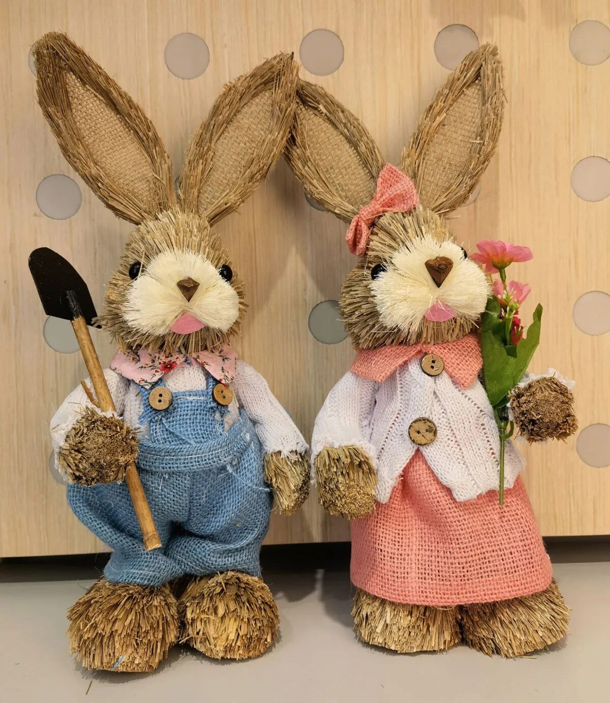 charming handwoven straw rabbit couple figurines for home & garden decor