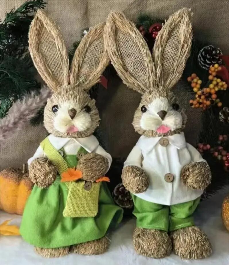 charming handwoven straw rabbit couple figurines for home & garden decor
