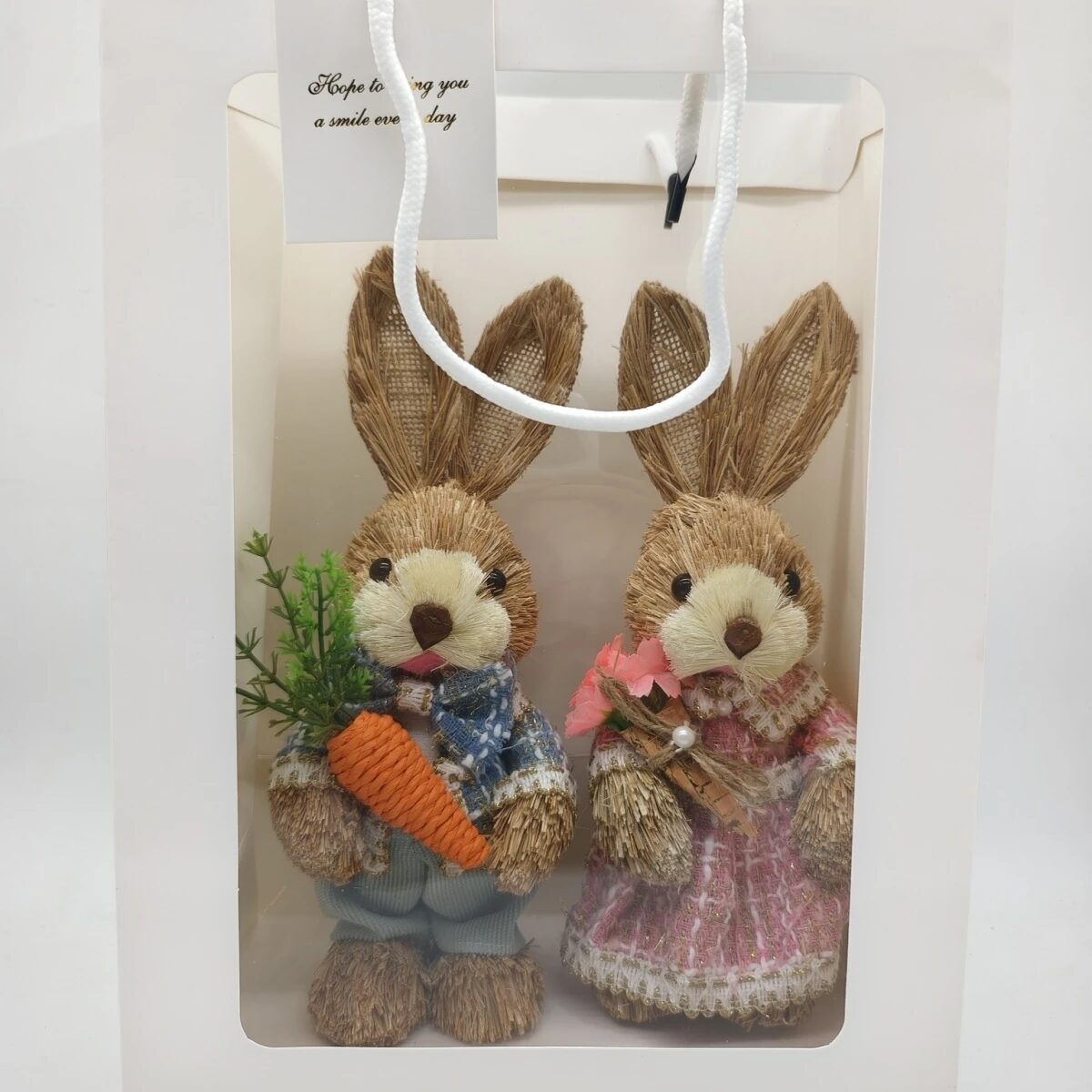 charming handwoven straw rabbit couple figurines for home & garden decor