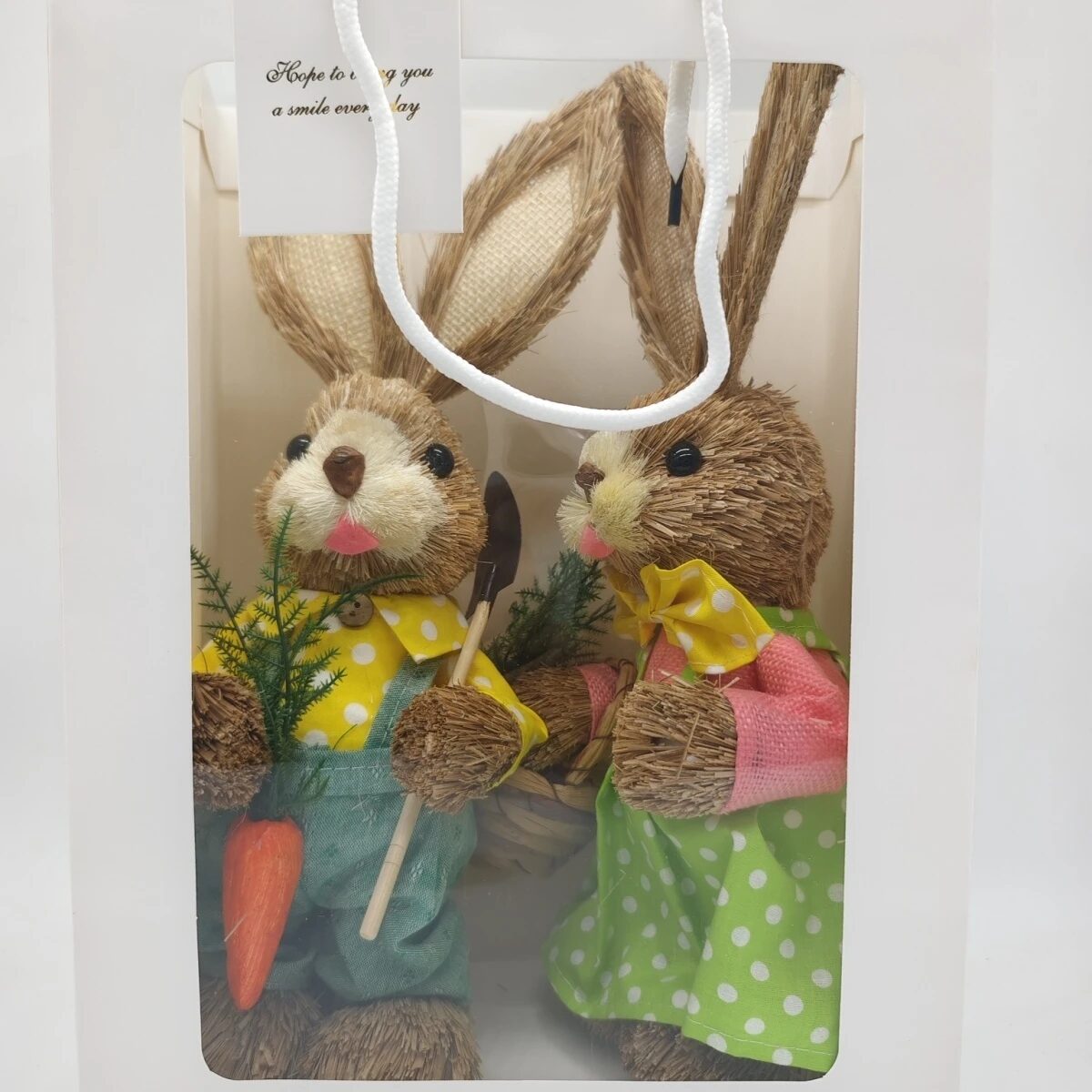 charming handwoven straw rabbit couple figurines for home & garden decor