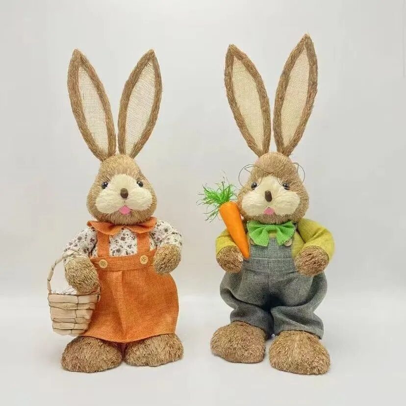 charming handwoven straw rabbit couple figurines for home & garden decor