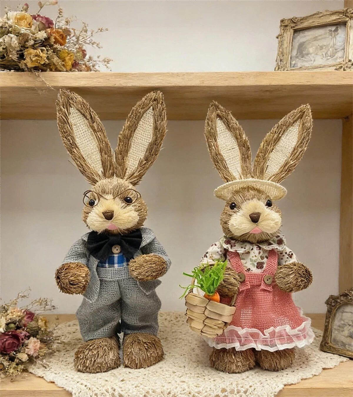 charming handwoven straw rabbit couple figurines for home & garden decor