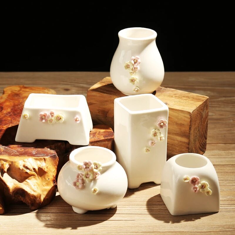 korean style mini white ceramic succulent pots with delicate flower decor
