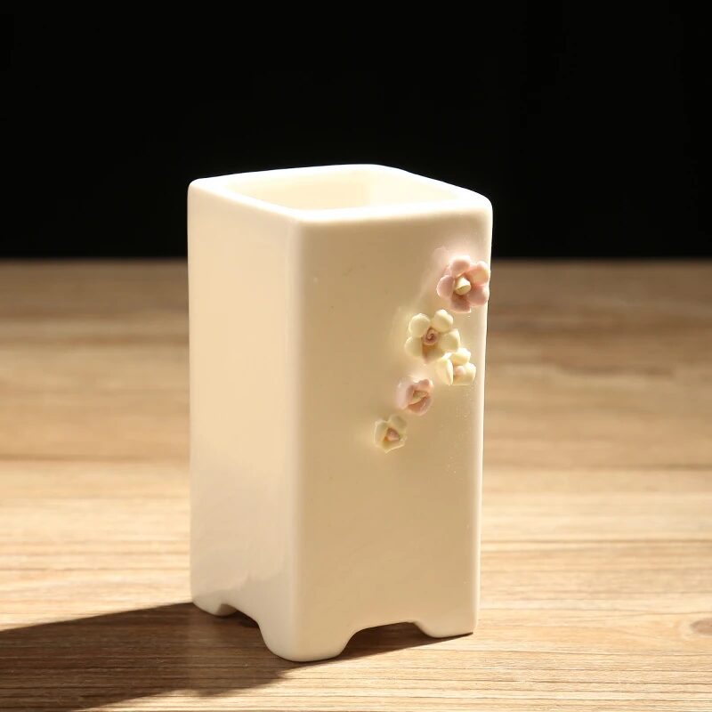 korean style mini white ceramic succulent pots with delicate flower decor