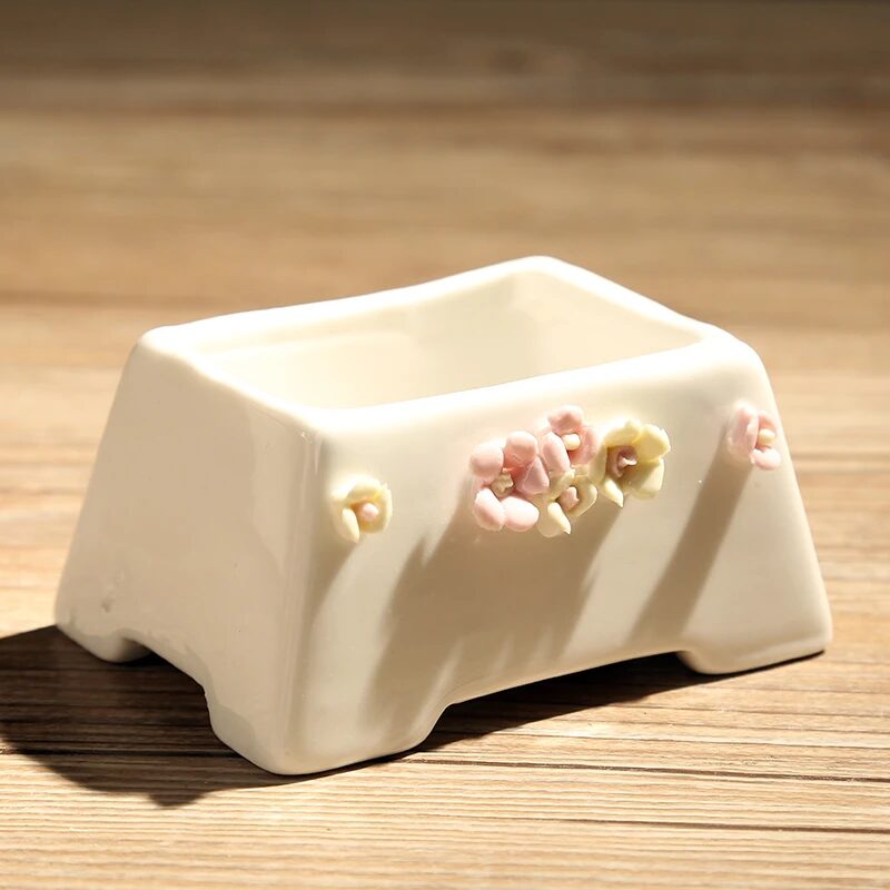 korean style mini white ceramic succulent pots with delicate flower decor