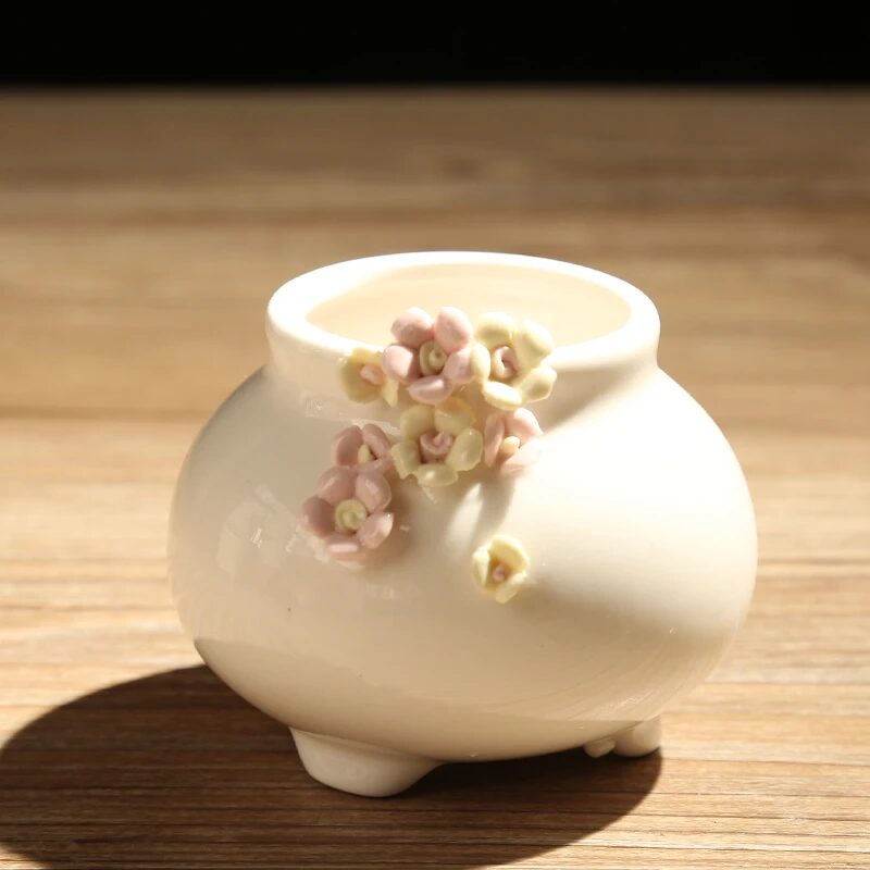 korean style mini white ceramic succulent pots with delicate flower decor