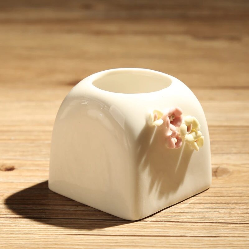 korean style mini white ceramic succulent pots with delicate flower decor