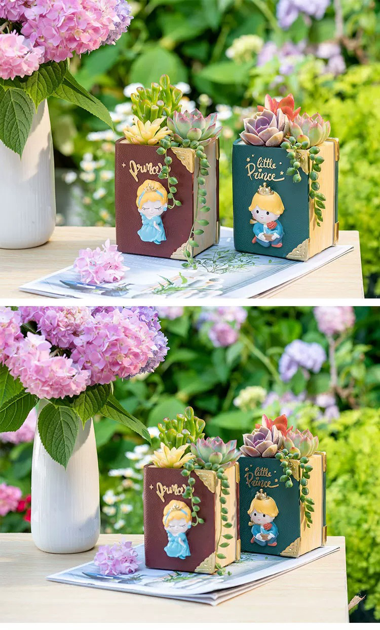 charming little prince princess book succulent planter & pen holder