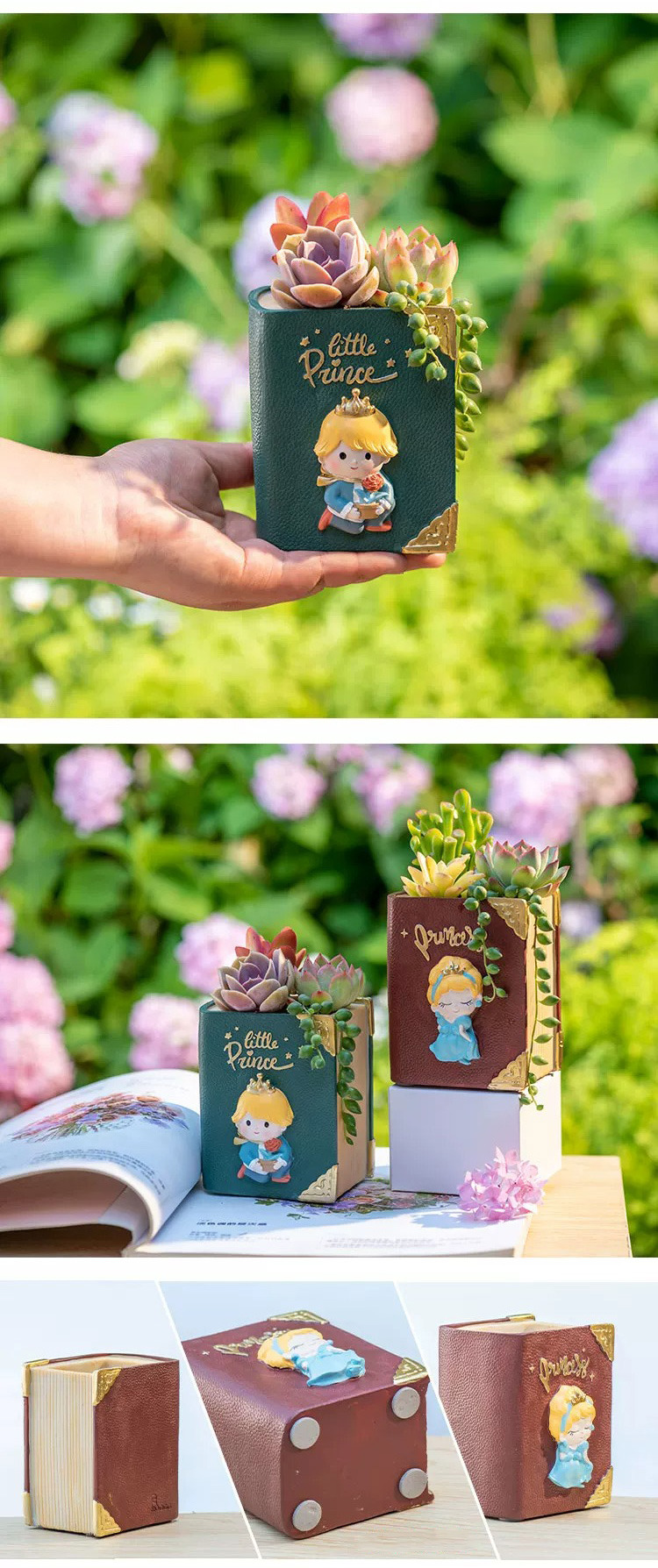 charming little prince princess book succulent planter & pen holder
