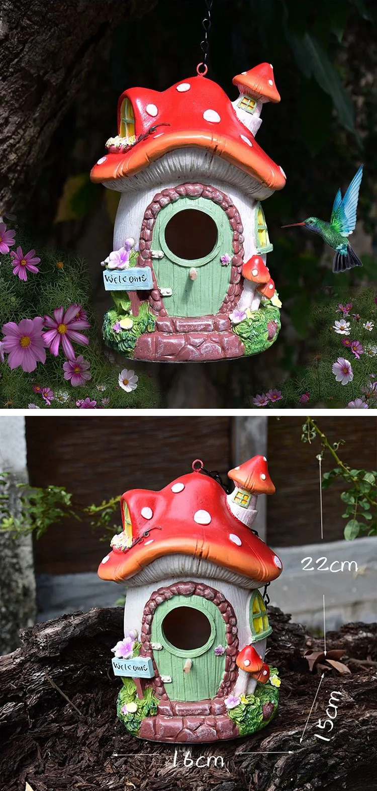 whimsical mushroom birdhouse fairy garden decor for outdoor & indoor