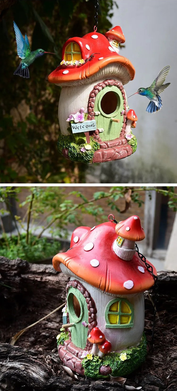 whimsical mushroom birdhouse fairy garden decor for outdoor & indoor